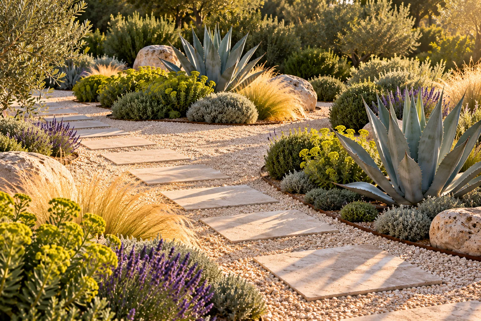 Jardin sec contemporain : allée de dalles dans un gravier clair, agaves, euphorbes, santolines, graminées et quelques lavandes